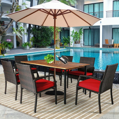 7 Pieces Outdoor Patio Rattan Dining Set Conversation Set with Soft Cushion and Umbrella Hole