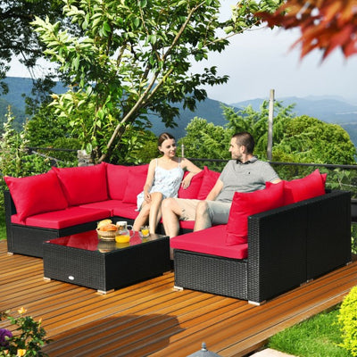 7 Pieces Outdoor Patio Rattan Furniture Set Wicker Sofa Sectional Conversation Set with Cushions and Tempered Glass Tea Table