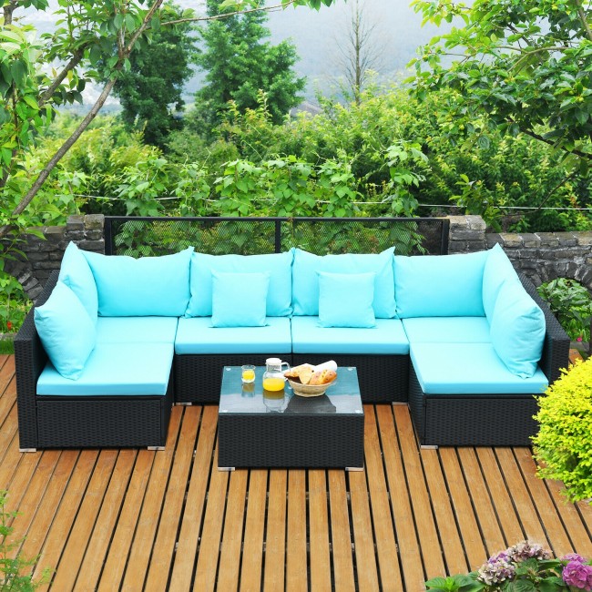 7 Pieces Outdoor Patio Rattan Furniture Set Wicker Sofa Sectional Conversation Set with Cushions and Tempered Glass Tea Table