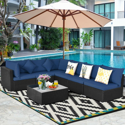 7 Pieces Outdoor Patio Rattan Furniture Set Wicker Sofa Sectional Conversation Set with Cushions and Tempered Glass Tea Table