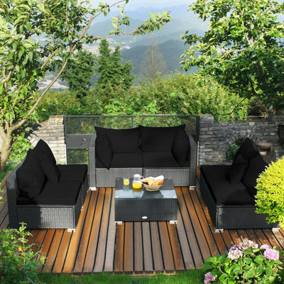 7 Pieces Outdoor Patio Rattan Furniture Set Wicker Sofa Sectional Conversation Set with Cushions and Tempered Glass Tea Table