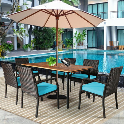 7 Pieces Outdoor Patio Rattan Dining Set Conversation Set with Soft Cushion and Umbrella Hole