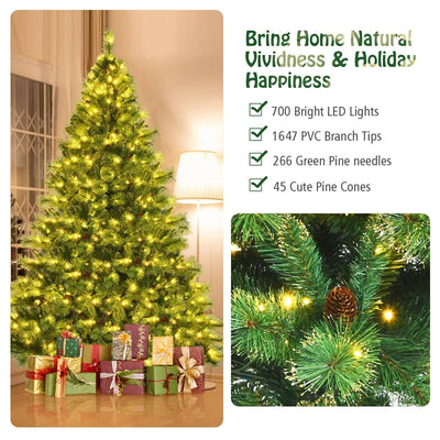 8FT Pre-lit Hinged Artificial Christmas Tree with 1913 Glitter Tips and 700 LED Lights