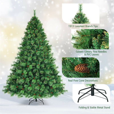 8FT Pre-lit Hinged Artificial Christmas Tree with 1913 Glitter Tips and 700 LED Lights