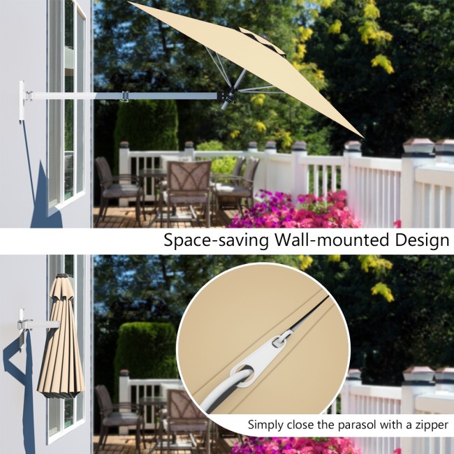 8 Feet Patio Wall-Mounted Umbrella Outdoor Tilting Parasol with Wind Vent and Adjustable Pole