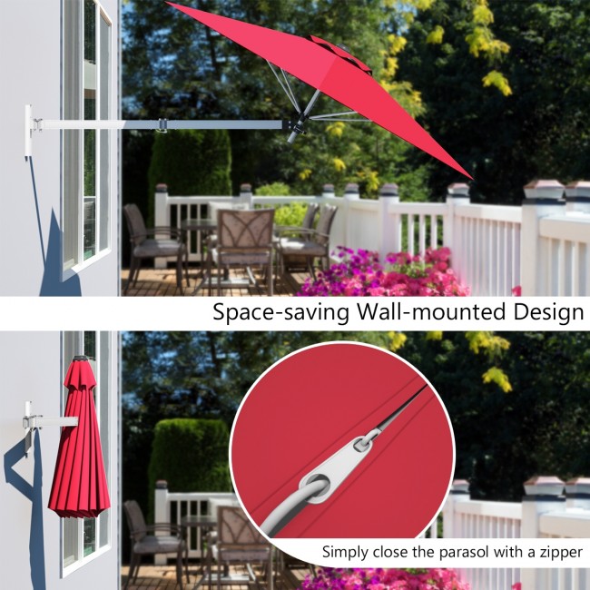 8 Feet Patio Wall-Mounted Umbrella Outdoor Tilting Parasol with Wind Vent and Adjustable Pole
