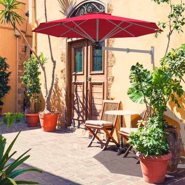 8 Feet Patio Wall-Mounted Umbrella Outdoor Tilting Parasol with Wind Vent and Adjustable Pole