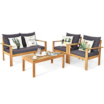 Outdoor 4 Pieces Acacia Wood Loveseat Chat Set Patio Furniture Conversation Sofa Set with Cushion and Coffee Table