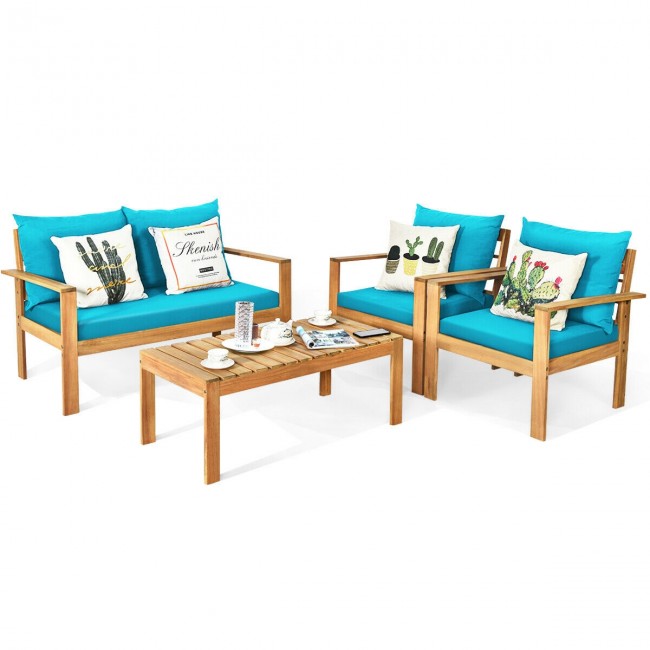 Outdoor 4 Pieces Acacia Wood Loveseat Chat Set Patio Furniture Conversation Sofa Set with Cushion and Coffee Table