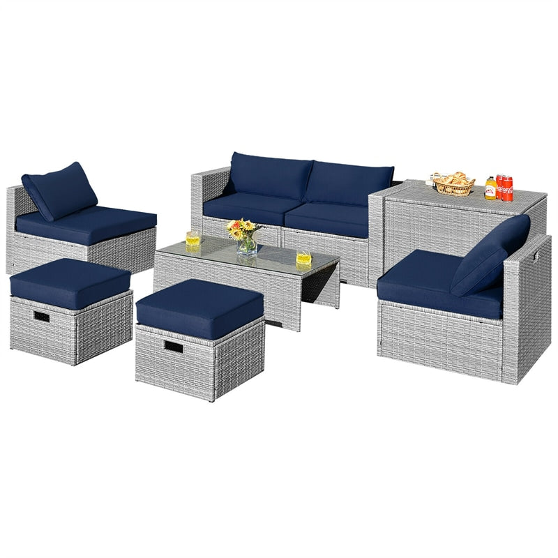 8 Pieces Outdoor Patio Rattan Sectional Conversation Sofa Furniture Set with Storage Box and Cushions
