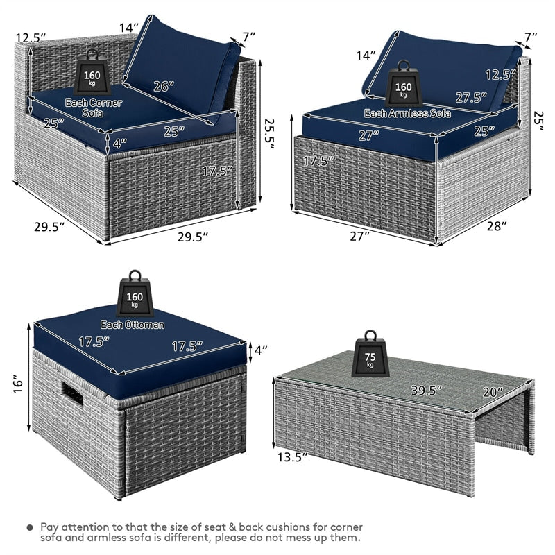 8 Pieces Outdoor Patio Rattan Sectional Conversation Sofa Furniture Set with Storage Box and Cushions