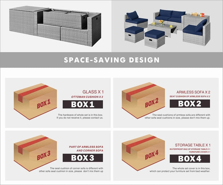 8 Pieces Outdoor Patio Rattan Sectional Conversation Sofa Furniture Set with Storage Box and Cushions