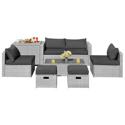 8 Pieces Outdoor Patio Rattan Sectional Conversation Sofa Furniture Set with Storage Box and Cushions