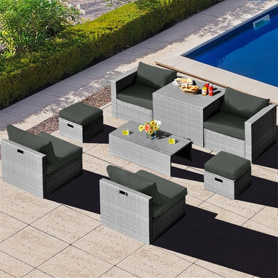 8 Pieces Outdoor Patio Rattan Sectional Conversation Sofa Furniture Set with Storage Box and Cushions