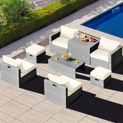 8 Pieces Outdoor Patio Rattan Sectional Conversation Sofa Furniture Set with Storage Box and Cushions