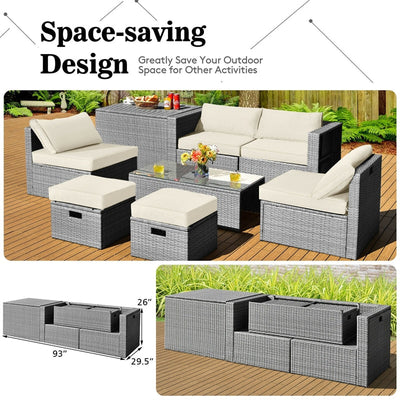 8 Pieces Outdoor Patio Rattan Sectional Conversation Sofa Furniture Set with Storage Box and Cushions