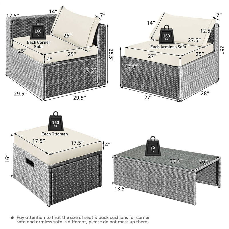 8 Pieces Outdoor Patio Rattan Sectional Conversation Sofa Furniture Set with Storage Box and Cushions