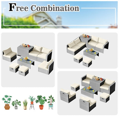 8 Pieces Outdoor Patio Rattan Sectional Conversation Sofa Furniture Set with Storage Box and Cushions