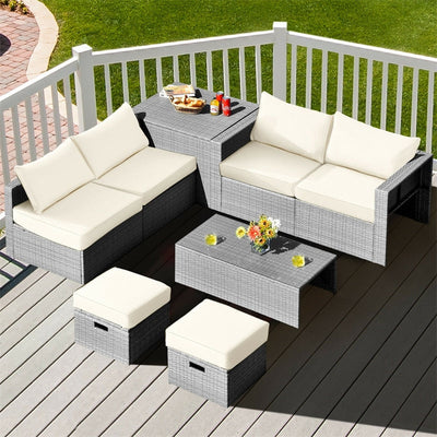 8 Pieces Outdoor Patio Rattan Sectional Conversation Sofa Furniture Set with Storage Box and Cushions