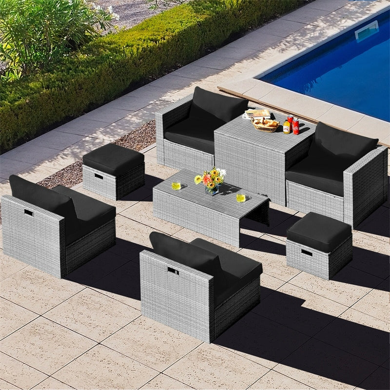 8 Pieces Outdoor Patio Rattan Sectional Conversation Sofa Furniture Set with Storage Box and Cushions