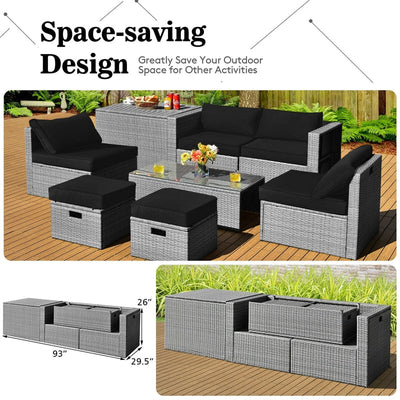 8 Pieces Outdoor Patio Rattan Sectional Conversation Sofa Furniture Set with Storage Box and Cushions