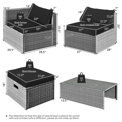 8 Pieces Outdoor Patio Rattan Sectional Conversation Sofa Furniture Set with Storage Box and Cushions