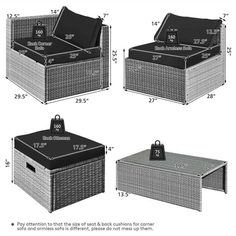 8 Pieces Outdoor Patio Rattan Sectional Conversation Sofa Furniture Set with Storage Box and Cushions