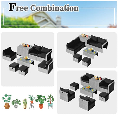 8 Pieces Outdoor Patio Rattan Sectional Conversation Sofa Furniture Set with Storage Box and Cushions