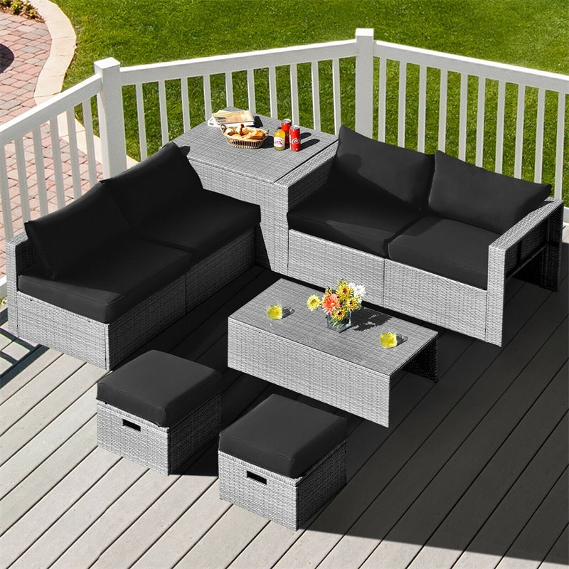 8 Pieces Outdoor Patio Rattan Sectional Conversation Sofa Furniture Set with Storage Box and Cushions