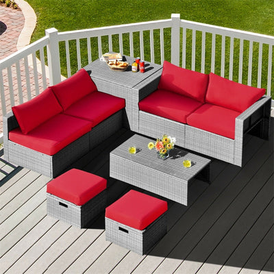 8 Pieces Outdoor Patio Rattan Sectional Conversation Sofa Furniture Set with Storage Box and Cushions