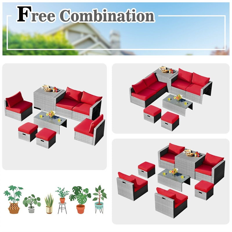 8 Pieces Outdoor Patio Rattan Sectional Conversation Sofa Furniture Set with Storage Box and Cushions