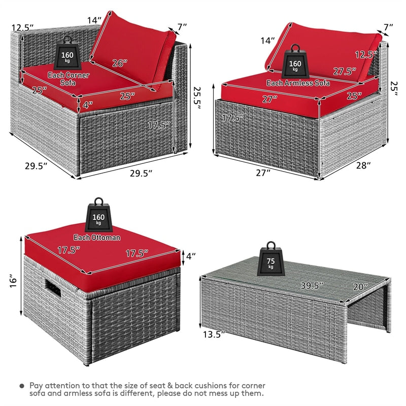 8 Pieces Outdoor Patio Rattan Sectional Conversation Sofa Furniture Set with Storage Box and Cushions