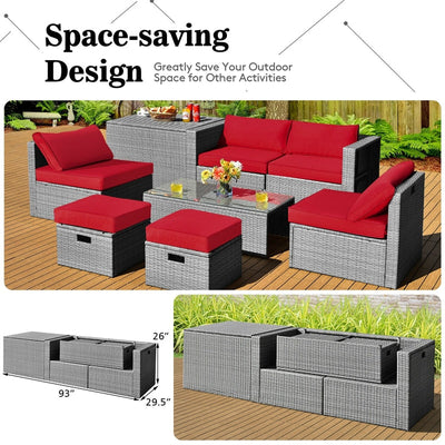 8 Pieces Outdoor Patio Rattan Sectional Conversation Sofa Furniture Set with Storage Box and Cushions