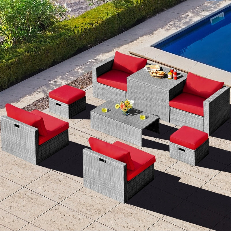 8 Pieces Outdoor Patio Rattan Sectional Conversation Sofa Furniture Set with Storage Box and Cushions