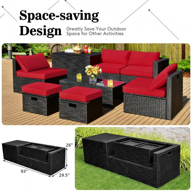 8 Pieces Patio Rattan Furniture Set Outdoor Sectional Conversation Sofa Sets with Storage Box and Cushion