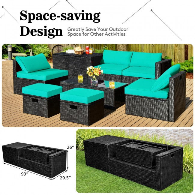 8 Pieces Patio Rattan Furniture Set Outdoor Sectional Conversation Sofa Sets with Storage Box and Cushion