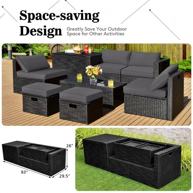 8 Pieces Patio Rattan Furniture Set Outdoor Sectional Conversation Sofa Sets with Storage Box and Cushion