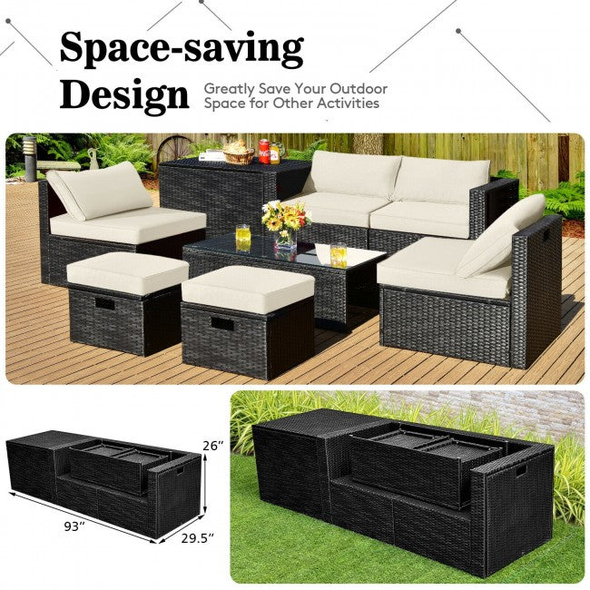 8 Pieces Patio Rattan Furniture Set Outdoor Sectional Conversation Sofa Sets with Storage Box and Cushion