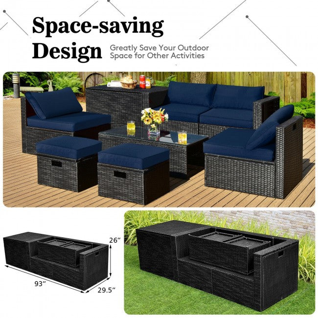 8 Pieces Patio Rattan Furniture Set Outdoor Sectional Conversation Sofa Sets with Storage Box and Cushion