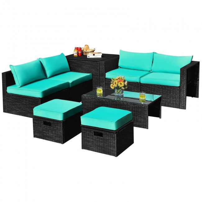 8 Pieces Patio Rattan Furniture Set Outdoor Sectional Conversation Sofa Sets with Storage Box and Cushion