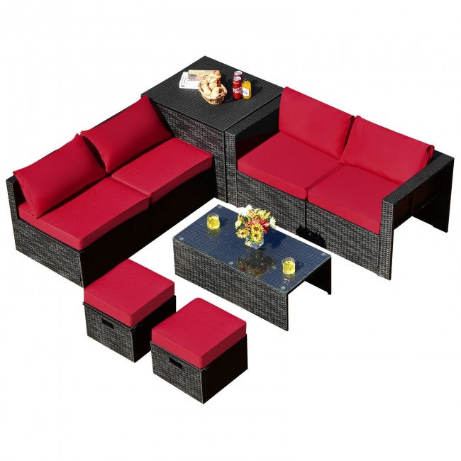 8 Pieces Patio Rattan Furniture Set Outdoor Sectional Conversation Sofa Sets with Storage Box and Cushion