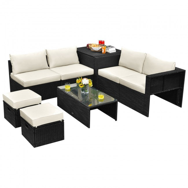 8 Pieces Patio Rattan Furniture Set Outdoor Sectional Conversation Sofa Sets with Storage Box and Cushion