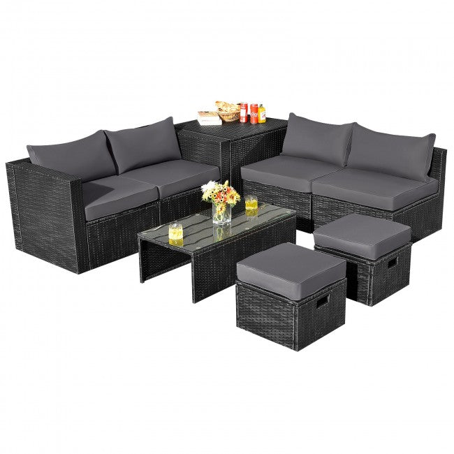 8 Pieces Patio Rattan Furniture Set Outdoor Sectional Conversation Sofa Sets with Storage Box and Cushion