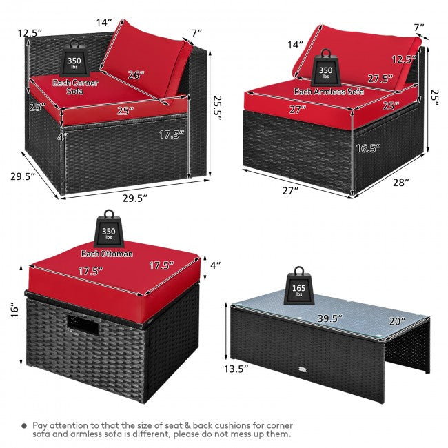 8 Pieces Patio Rattan Furniture Set Outdoor Sectional Conversation Sofa Sets with Storage Box and Cushion