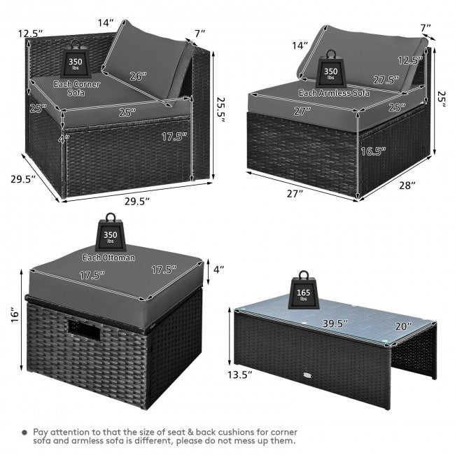 8 Pieces Patio Rattan Furniture Set Outdoor Sectional Conversation Sofa Sets with Storage Box and Cushion