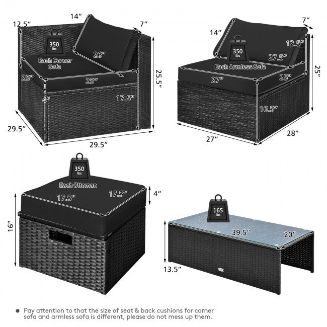 8 Pieces Patio Rattan Furniture Set Outdoor Sectional Conversation Sofa Sets with Storage Box and Cushion