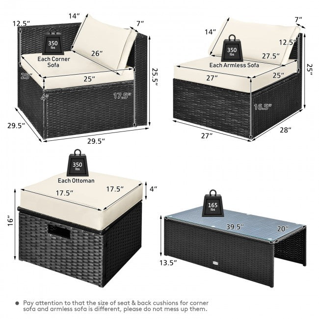 8 Pieces Patio Rattan Furniture Set Outdoor Sectional Conversation Sofa Sets with Storage Box and Cushion