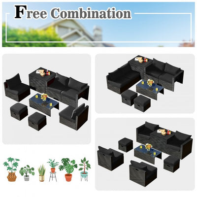 8 Pieces Patio Rattan Furniture Set Outdoor Sectional Conversation Sofa Sets with Storage Box and Cushion