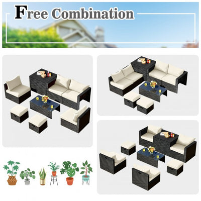 8 Pieces Patio Rattan Furniture Set Outdoor Sectional Conversation Sofa Sets with Storage Box and Cushion