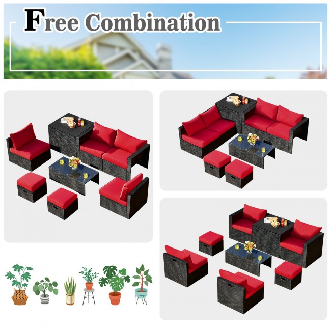 8 Pieces Patio Rattan Furniture Set Outdoor Sectional Conversation Sofa Sets with Storage Box and Cushion